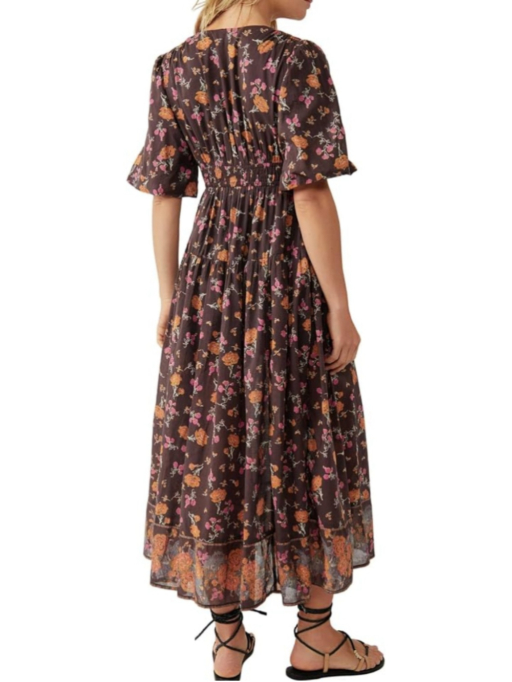 Free People S/P Floral Boho Maxi Dress Deep V Smocked Waist Brown - Picture 2 of 10